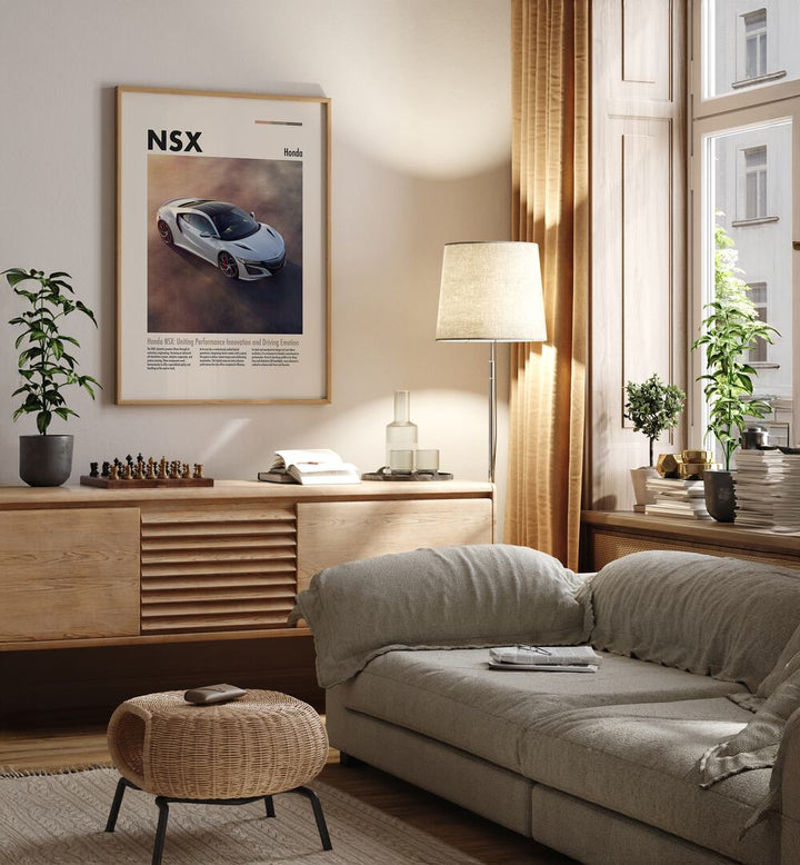 Honda NSX Car Posters Automotive Wall Art Prints in Oak Wood Plain Frame placed on a Cream Colored Wall above a Console Table near a Light Grey Sofa in the Living Room