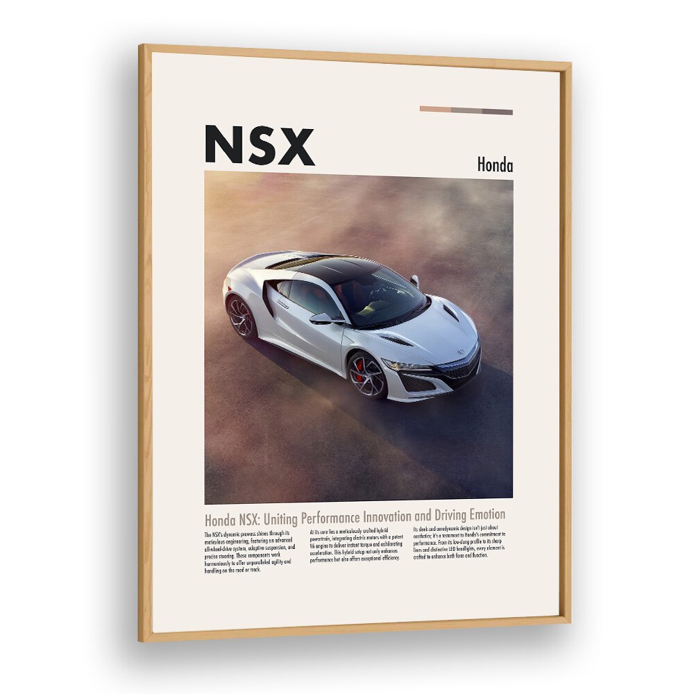 Honda NSX Car Posters Automotive Wall Art Prints in Oak Wood Plain Frame