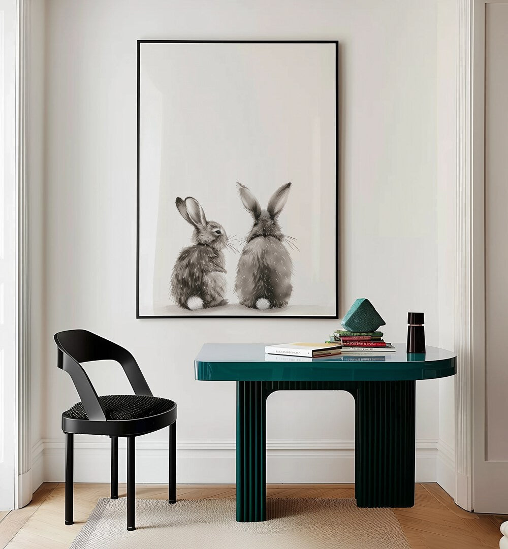 Hoppy Duo Kids Room Paintings Kids Room Wall Art in Black Plain Frame placed on a wall behind a study table