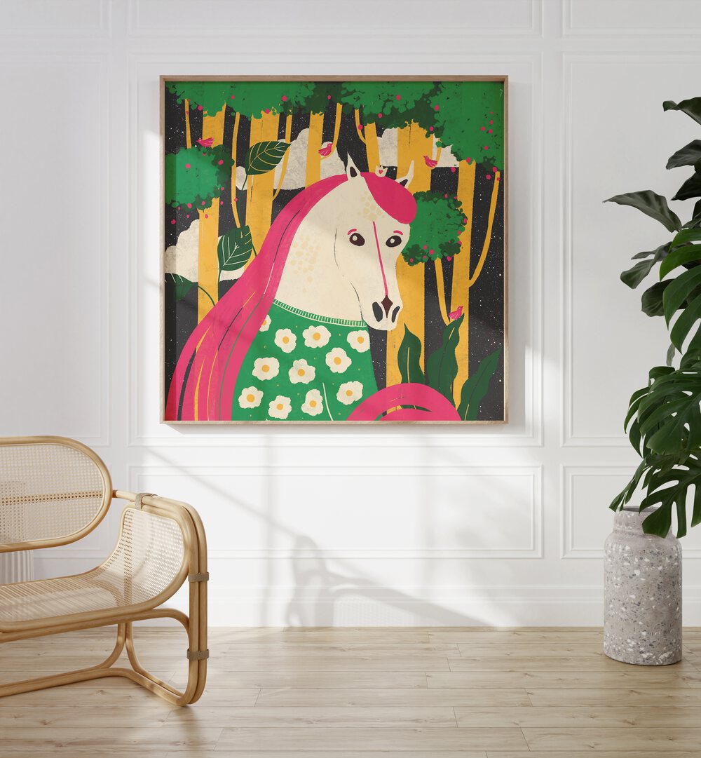 Horse Animal Trilogy by Shriya Bhattacharya Kids Room Art in Oak Wood Plain Frame on a white wall beside a plant