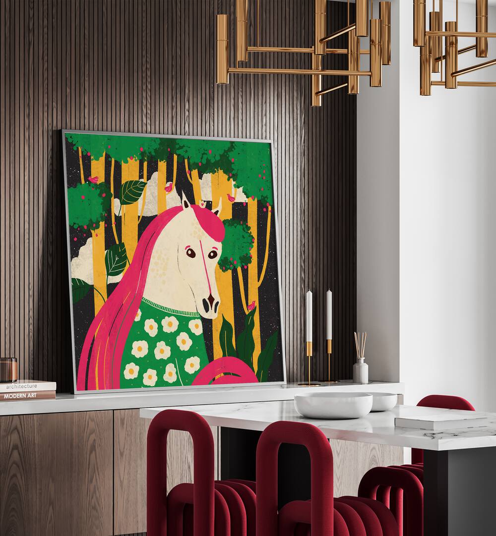 Horse Animal Trilogy by Shriya Bhattacharya Kids Room Art in Black Plain Frame on a console table behind a dining table