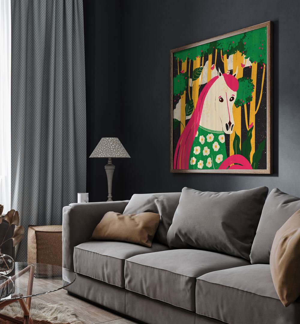 Horse Animal Trilogy by Shriya Bhattacharya Kids Room Art in Oak Wood Plain Frame behind a sofa beside a lamp