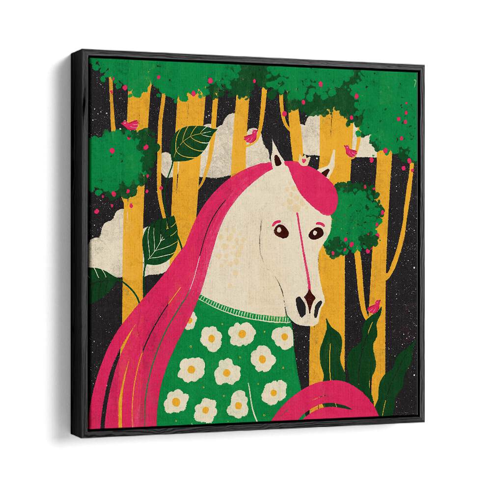 Horse Animal Trilogy by Shriya Bhattacharya Kids Room Art in Black Floater Frame