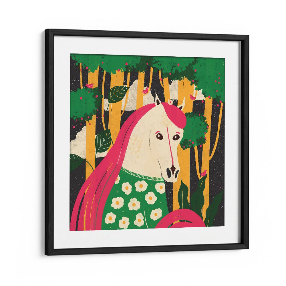 Horse Animal Trilogy by Shriya Bhattacharya Kids Room Art in Black Frame With Mount