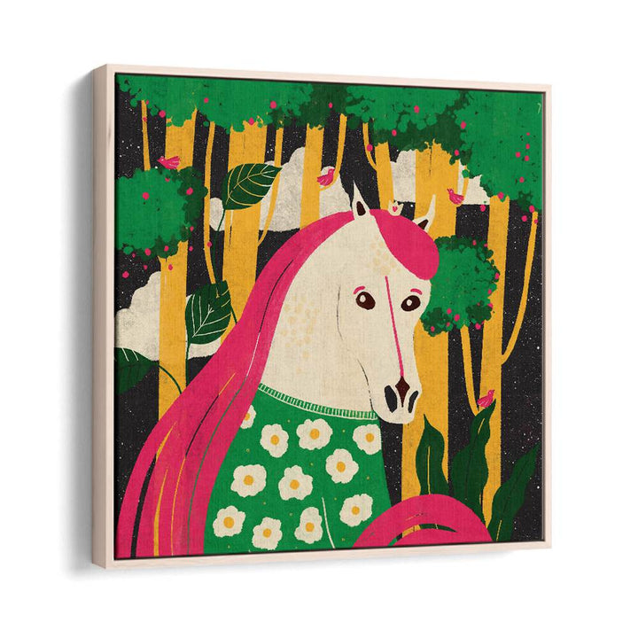 Horse Animal Trilogy by Shriya Bhattacharya Kids Room Art in Oak Wood Floater Frame