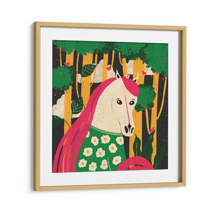 Horse Animal Trilogy by Shriya Bhattacharya Kids Room Art in Oak Wood Frame With Mount