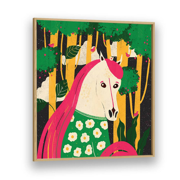 Horse Animal Trilogy by Shriya Bhattacharya Kids Room Art in Oak Wood Plain Frame