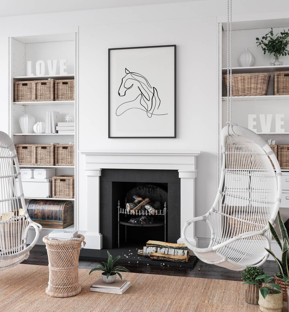 Horse At Rest Line Art Painting in Black Plain Frame placed on a White Colored Wall above a Fire place in the Living Room