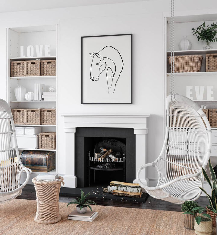 Horse Stable Line Art Painting in Black Plain Frame placed on a White Colored Wall above a Fire place in the Living Room