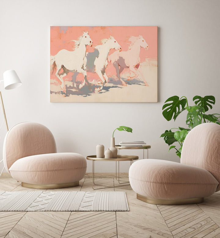 Horses By Treechild Wildlife Art Prints in Gallery Wrap placed on a Cream Colored Wall in the Drawing Room