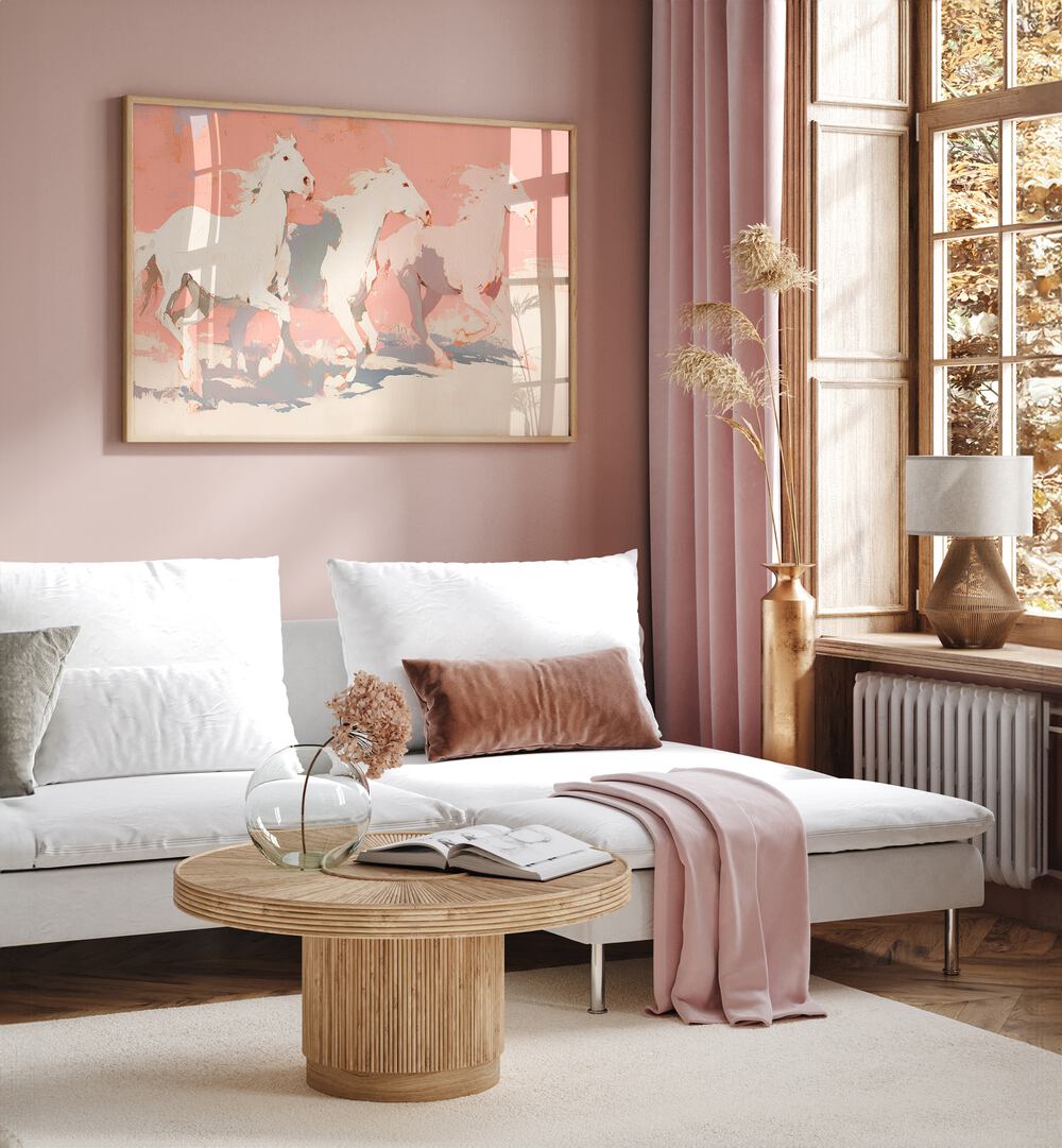 Horses By Treechild Wildlife Art Prints in Oak Wood Plain Frame placed on a Pink Colored Wall near a White Sofa in the Living Room