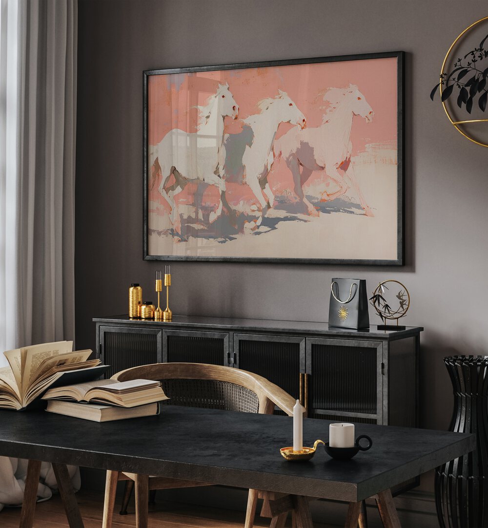 Horses By Treechild Wildlife Art Prints in Black Plain Frame placed on a Grey Colored Wall near a Black Table in a Work space in the Drawing Room