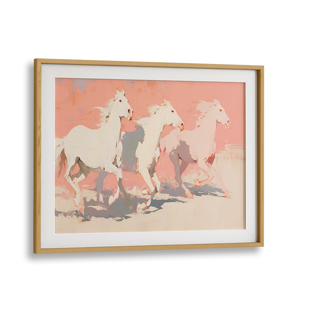 Horses By Treechild Wildlife Art Prints in Oak Wood Frame With Mount