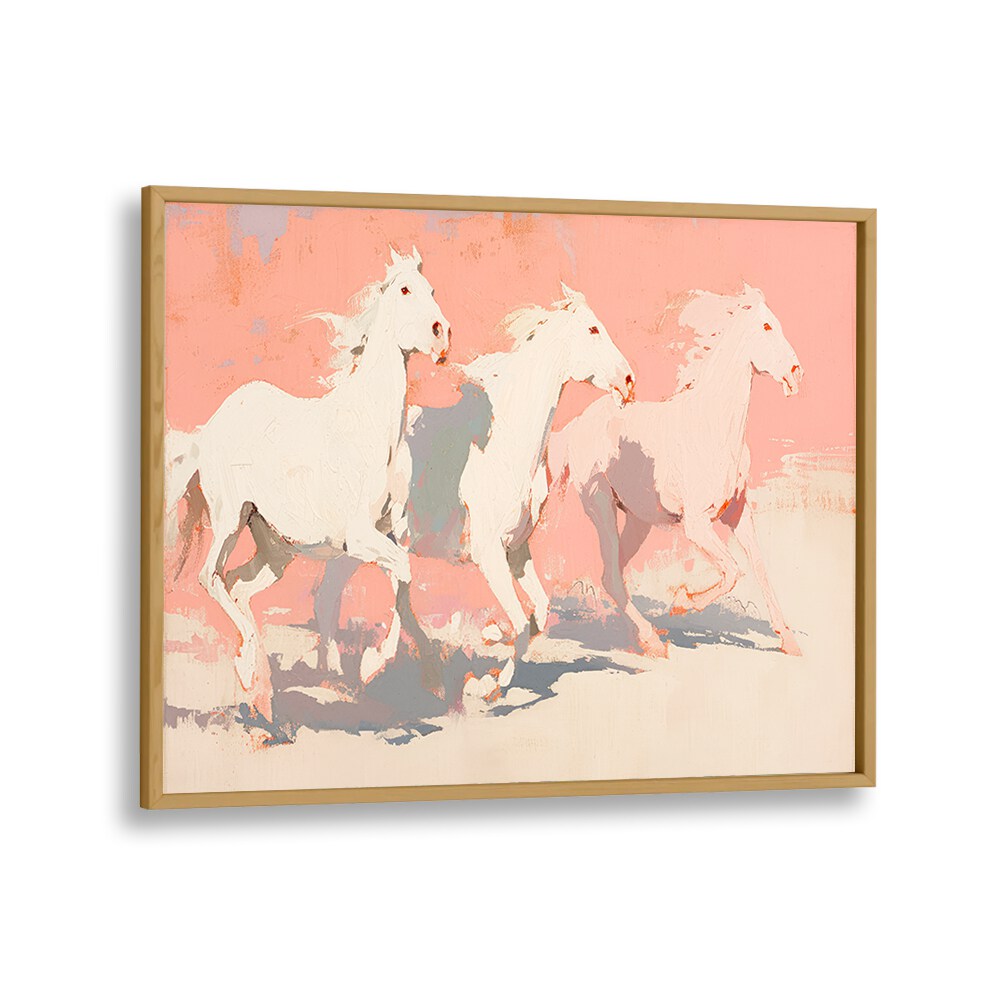 Horses By Treechild Wildlife Art Prints in Oak Wood Plain Frame