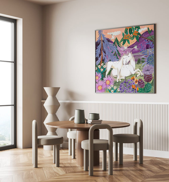 Horses in the Mountains By Caroline Bonne Muller Wildlife Paintings in Black Plain Frame on a cream wall behind a dining table for dining area