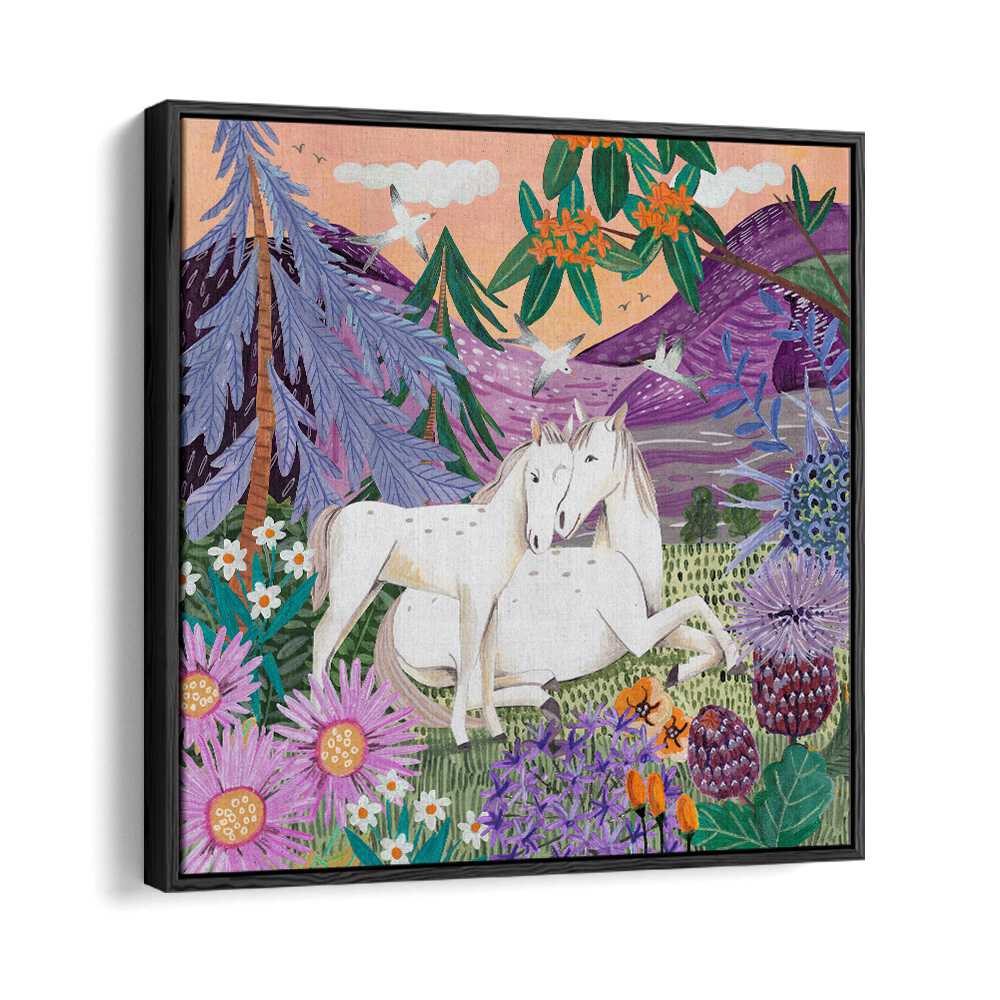 Horses in the Mountains By Caroline Bonne Muller Wildlife Paintings in Black Floater Frame