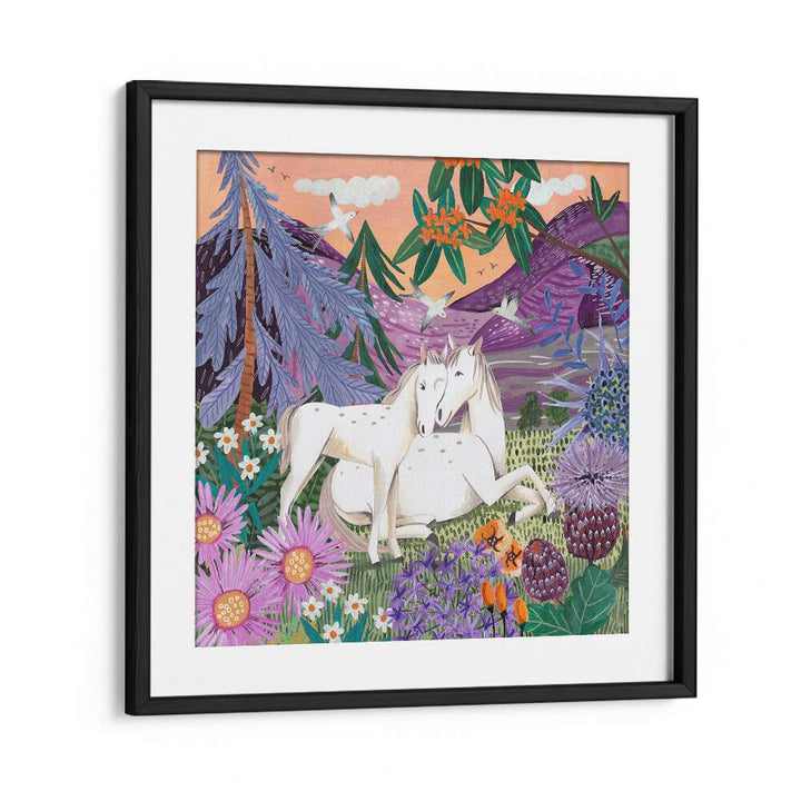 Horses in the Mountains By Caroline Bonne Muller Wildlife Paintings in Black Frame With Mount