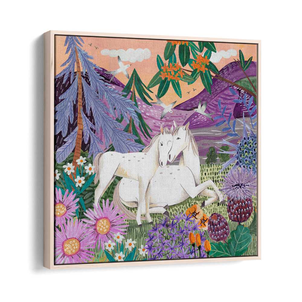 Horses in the Mountains By Caroline Bonne Muller Wildlife Paintings in Oak Wood Floater Frame