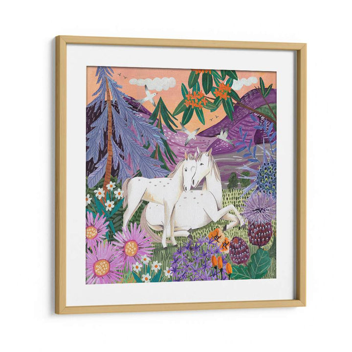 Horses in the Mountains By Caroline Bonne Muller Wildlife Paintings in Oak Wood Frame With Mount