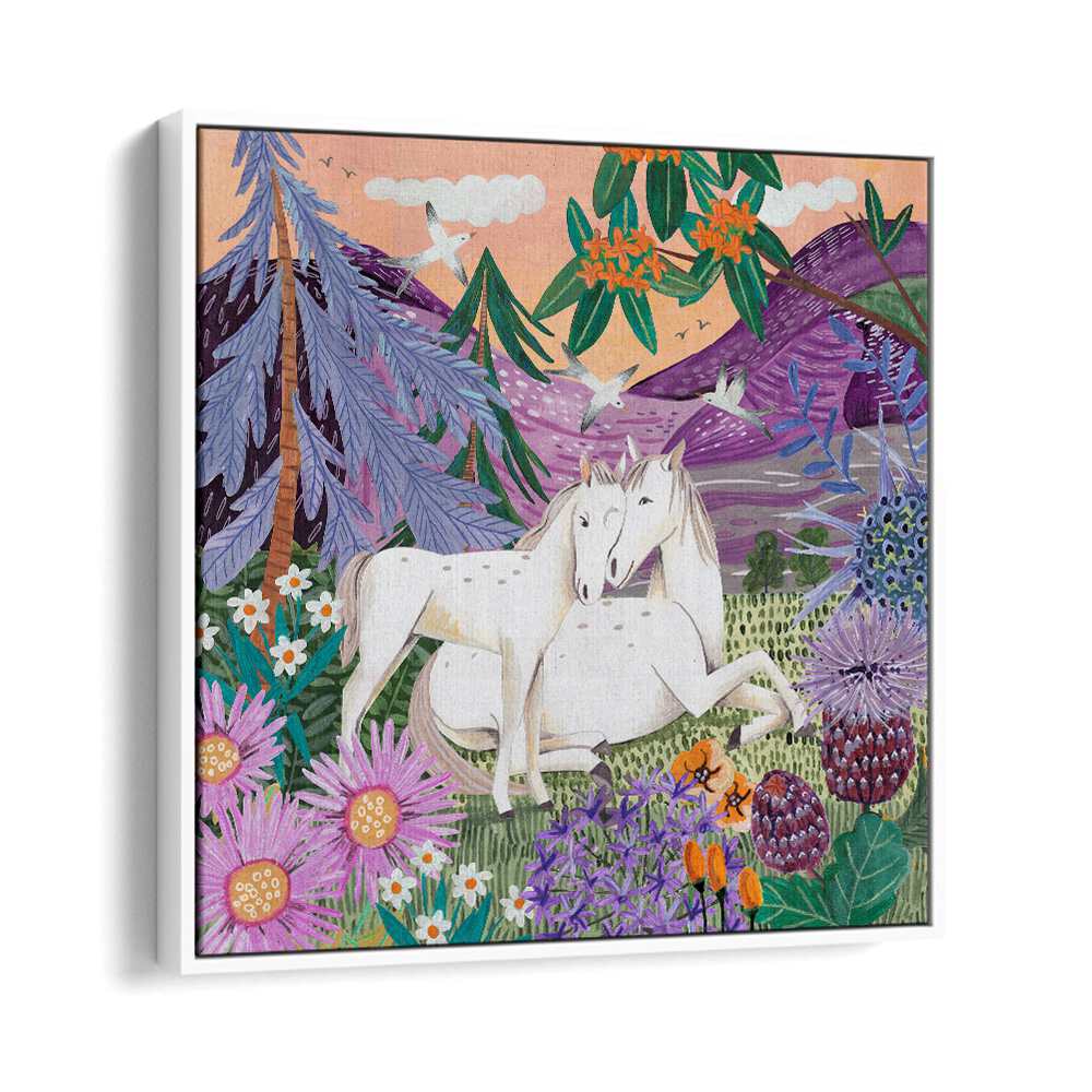 Horses in the Mountains By Caroline Bonne Muller Wildlife Paintings in White Floater Frame