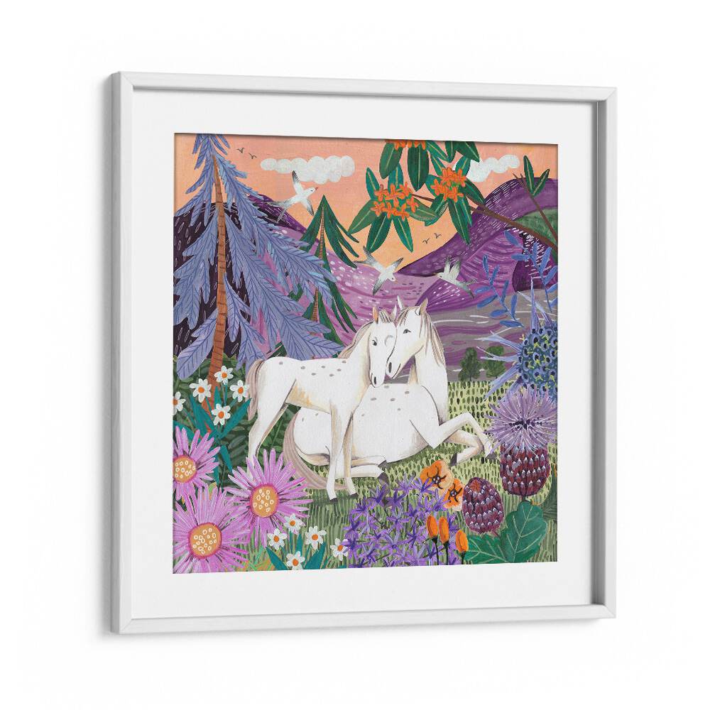 Horses in the Mountains By Caroline Bonne Muller Wildlife Paintings in White Frame With Mount