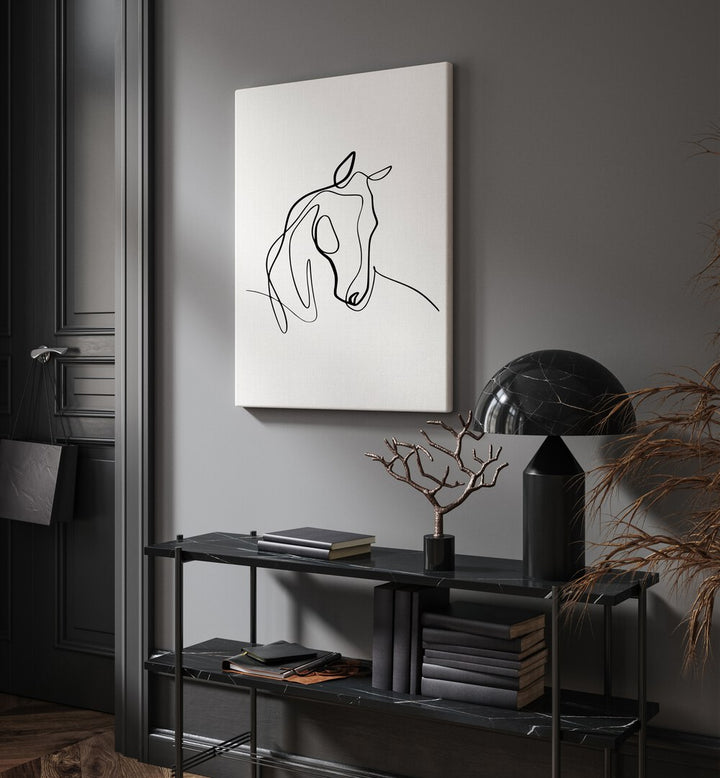 Horsing Around Line Art Painting in Gallery Wrap placed on a Dark Grey Colored Wall in the Drawing Room