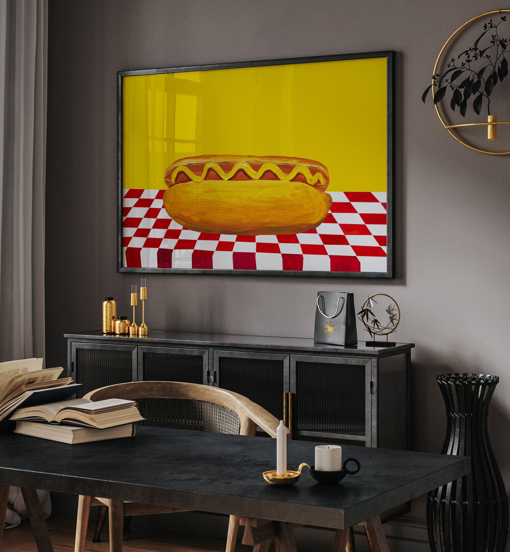 Hot Dog With Mustard Red Check Yellow by Alice Straker Cafe Art Prints Cafe Posters in Black Plain Frame placed on a wall behind a black console table