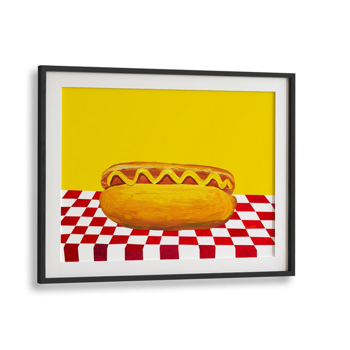 Hot Dog With Mustard Red Check Yellow by Alice Straker Cafe Art Prints Cafe Posters in Black Frame With Mount