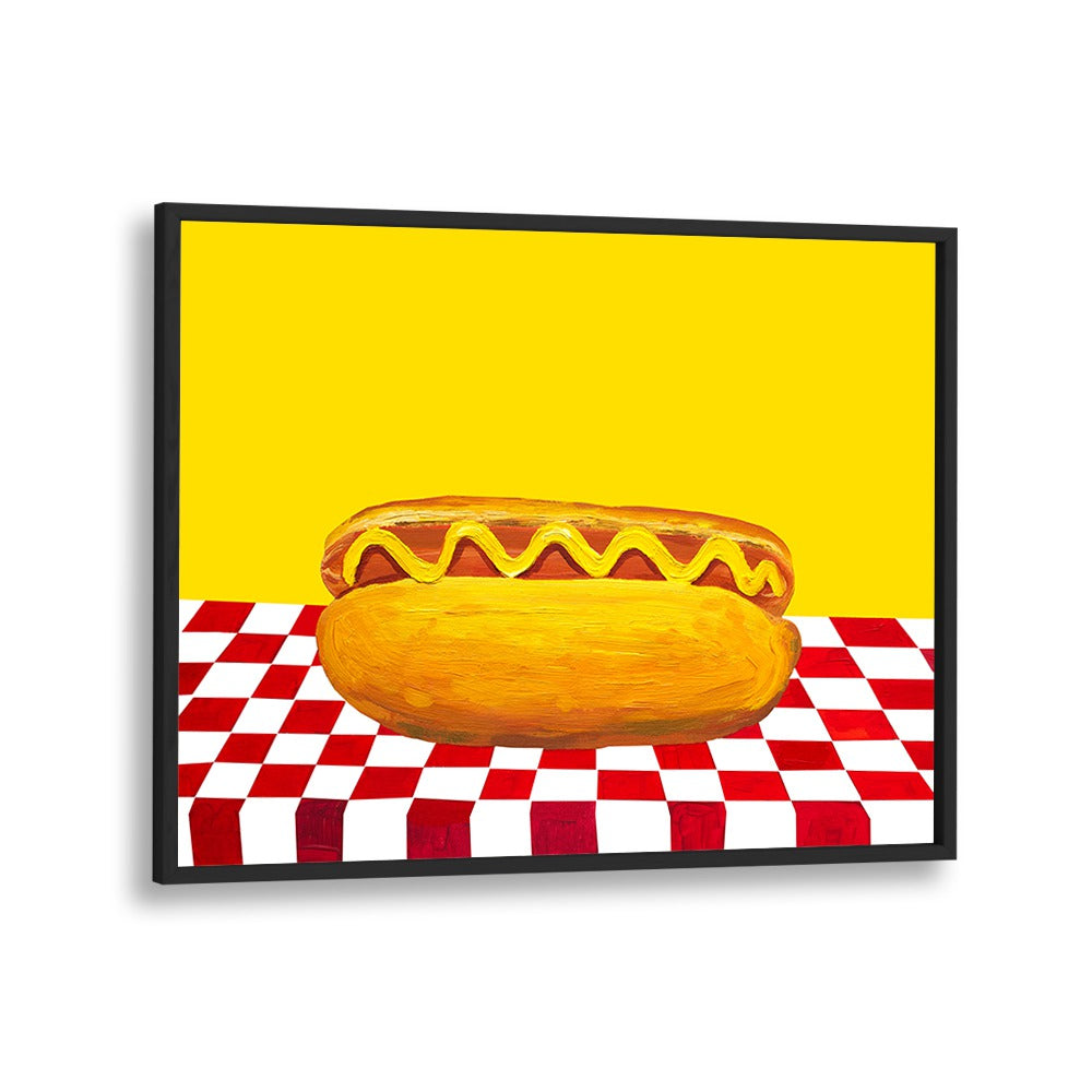 Hot Dog With Mustard Red Check Yellow by Alice Straker Cafe Art Prints Cafe Posters in Black Plain Frame