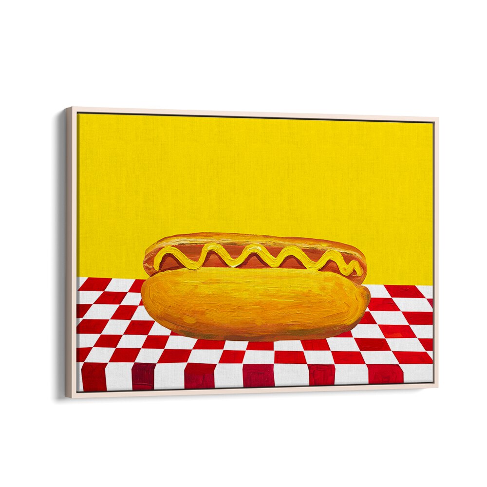 Hot Dog With Mustard Red Check Yellow by Alice Straker Cafe Art Prints Cafe Posters in Oak Wood Floater Frame