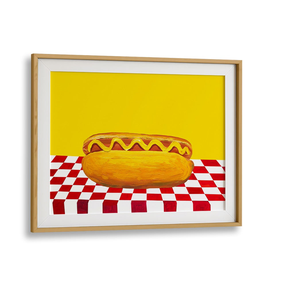 Hot Dog With Mustard Red Check Yellow by Alice Straker Cafe Art Prints Cafe Posters in Oak Wood Frame With Mount