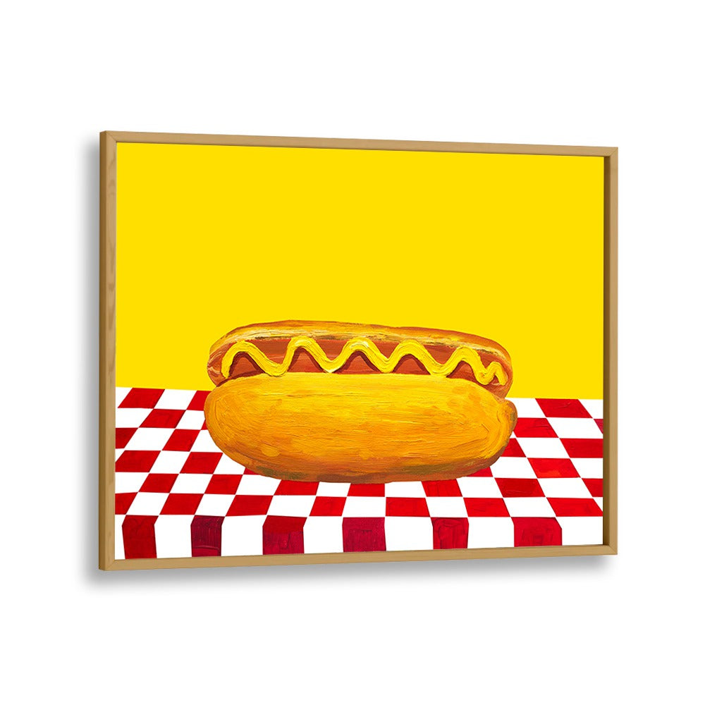 Hot Dog With Mustard Red Check Yellow by Alice Straker Cafe Art Prints Cafe Posters in Oak Wood Plain Frame