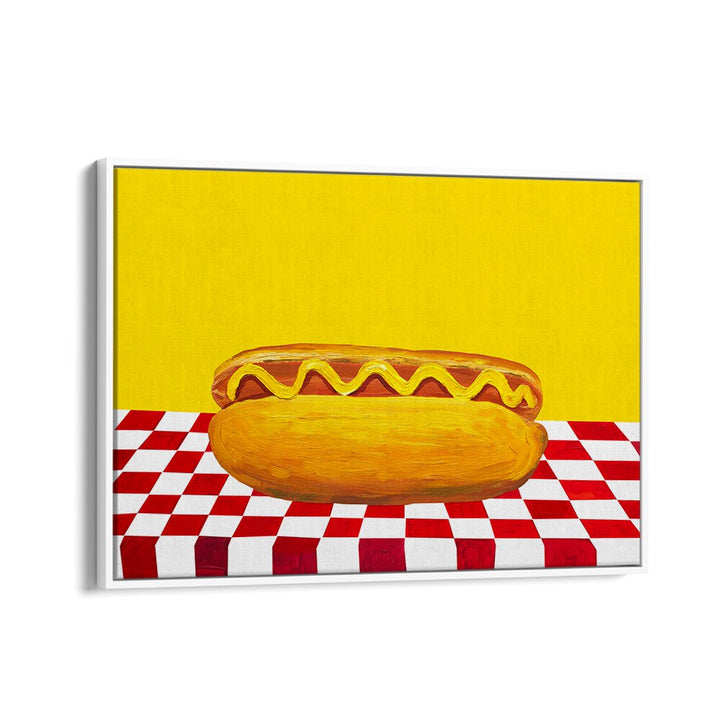 Hot Dog With Mustard Red Check Yellow by Alice Straker Cafe Art Prints Cafe Posters in White Floater Frame