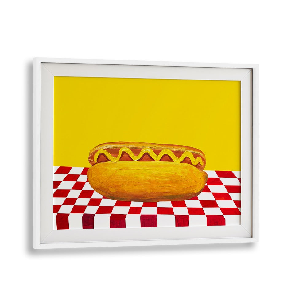 Hot Dog With Mustard Red Check Yellow by Alice Straker Cafe Art Prints Cafe Posters in White Frame With Mount