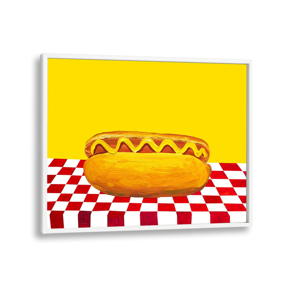 Hot Dog With Mustard Red Check Yellow by Alice Straker Cafe Art Prints Cafe Posters in White Plain Frame