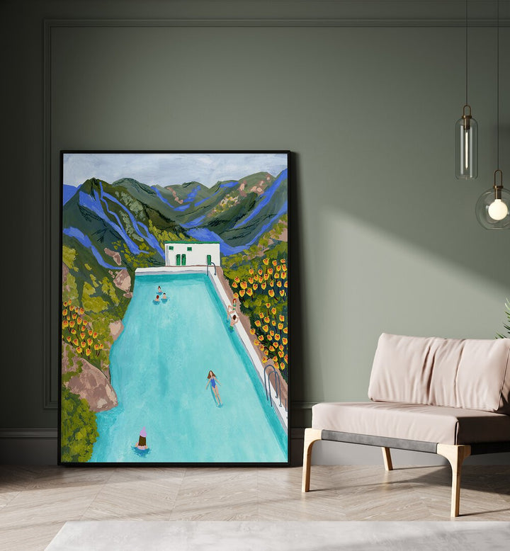 Hotsprings By Sarah Gesek Wall Art Prints in Black Plain Frame placed on the floor beside a sofa