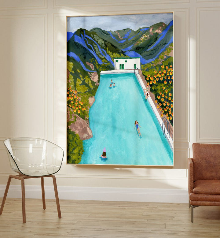 Hotsprings By Sarah Gesek Wall Art Prints in Oak Wood Plain Frame placed on the wall between a chair and a sofa