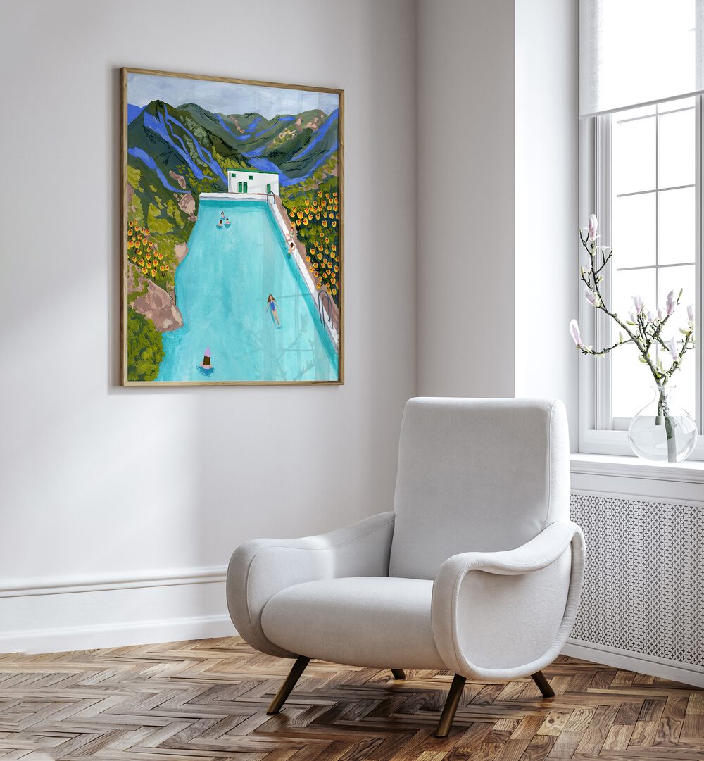 Hotsprings By Sarah Gesek Wall Art Prints in Oak Wood Plain Frame placed on a white wall beside a window and a chair