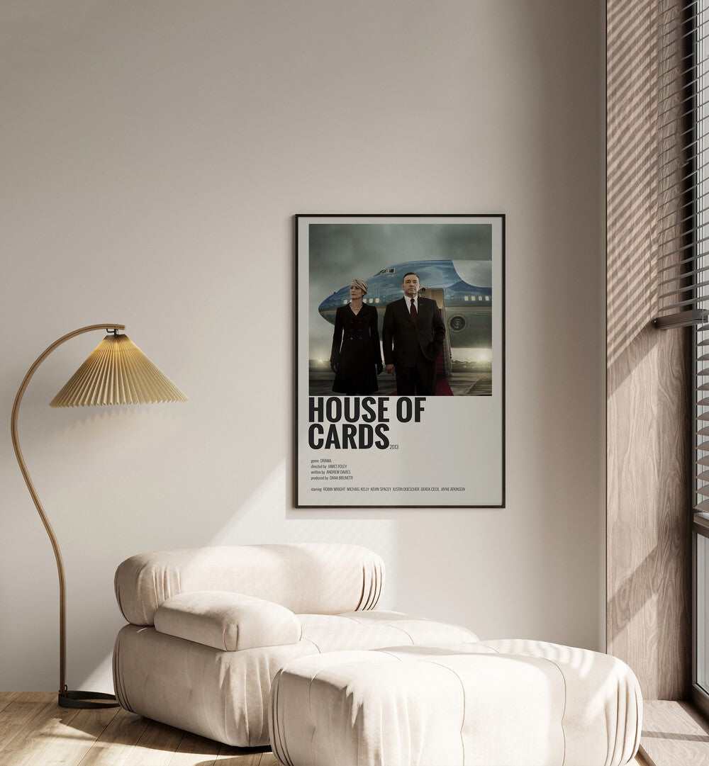 House Of Cards Movie Posters in Black Plain Frame placed on a white wall beside a window and behind a sofa