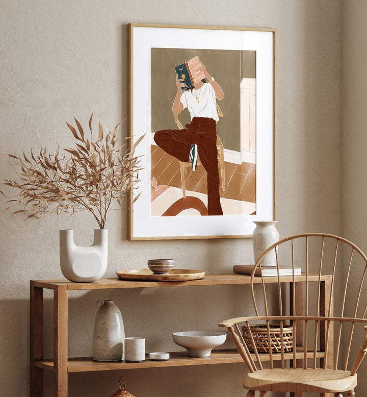 How to Save the Planet By Ivy Green Women Illustration Paintings in Oak Wood Frame With Mount on a beige wall above a table