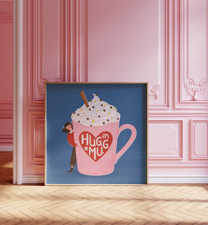 Hug In A Mug By Julia Leister Kitchen Art Prints in Oak Wood Plain Frame placed on the floor beside a window