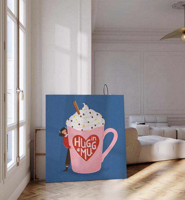 Hug In A Mug By Julia Leister Kitchen Art Prints in Gallery Wrap placed on the floor beside a window