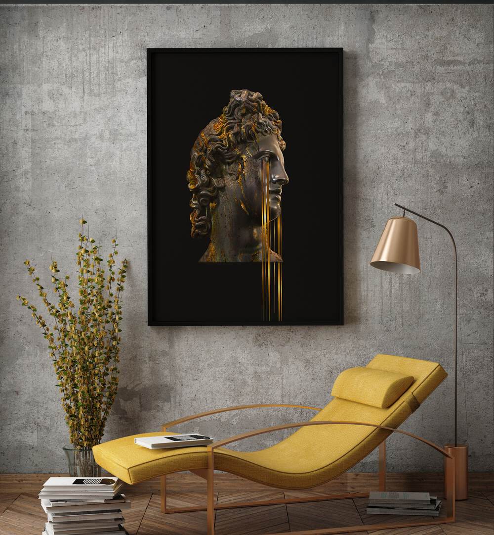 Hunter By Frank Moth Surreal Art Prints Surrealism in Gallery Wrap placed on a wall behind a sofa