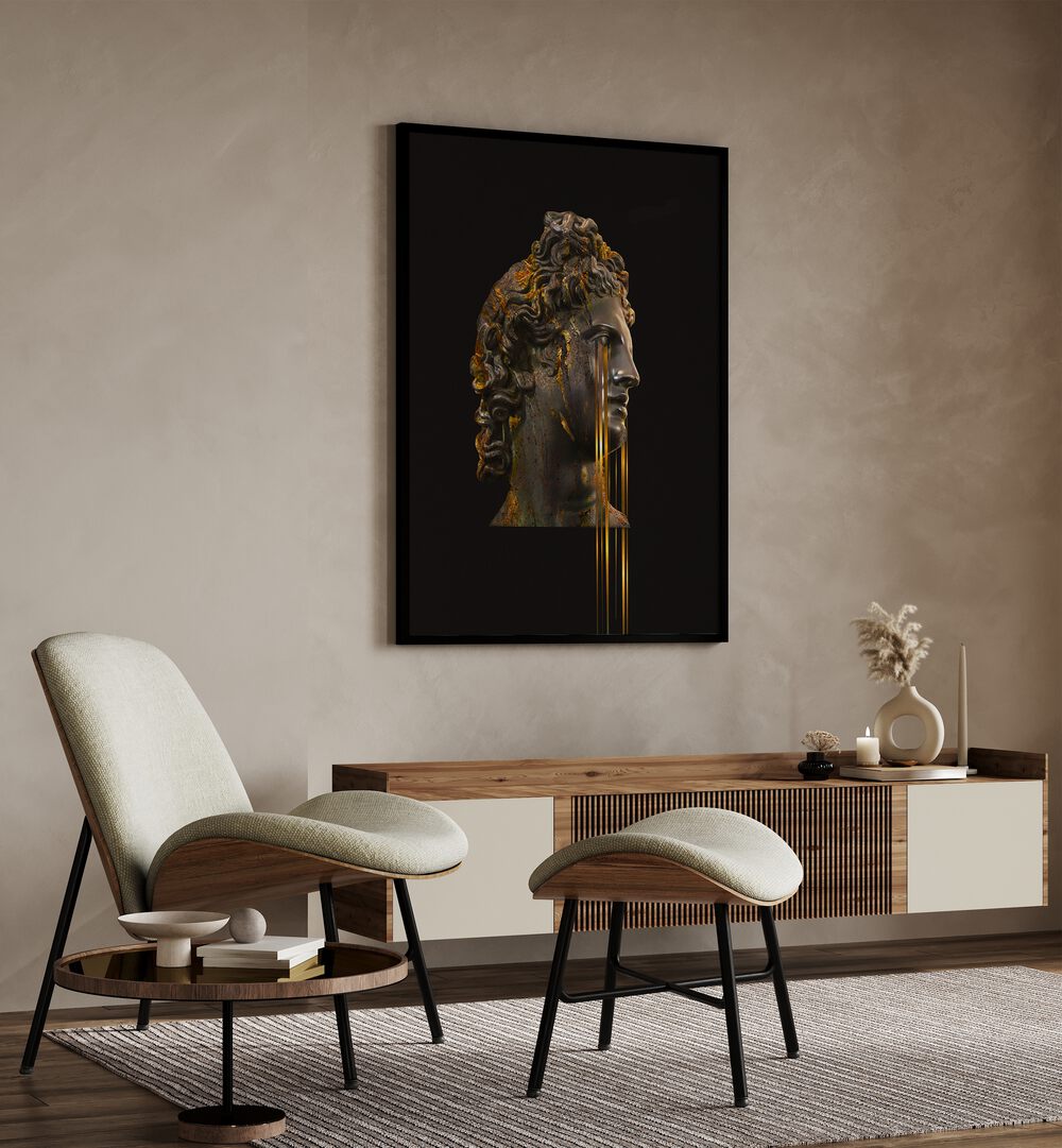 Hunter By Frank Moth Surreal Art Prints Surrealism in Black Plain Frame placed on a wall behind a console table