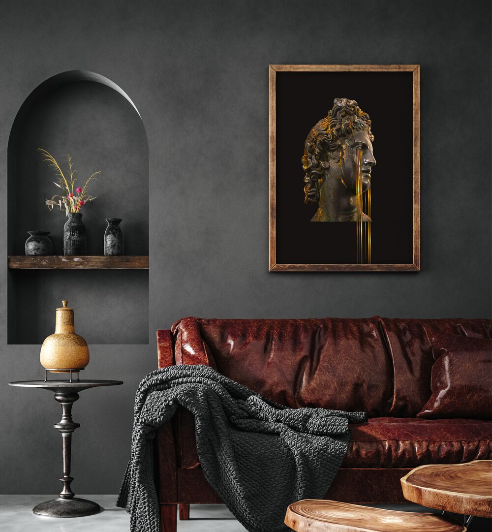 Hunter By Frank Moth Surreal Art Prints Surrealism in Oak Wood Plain Frame placed on a wall behind a sofa