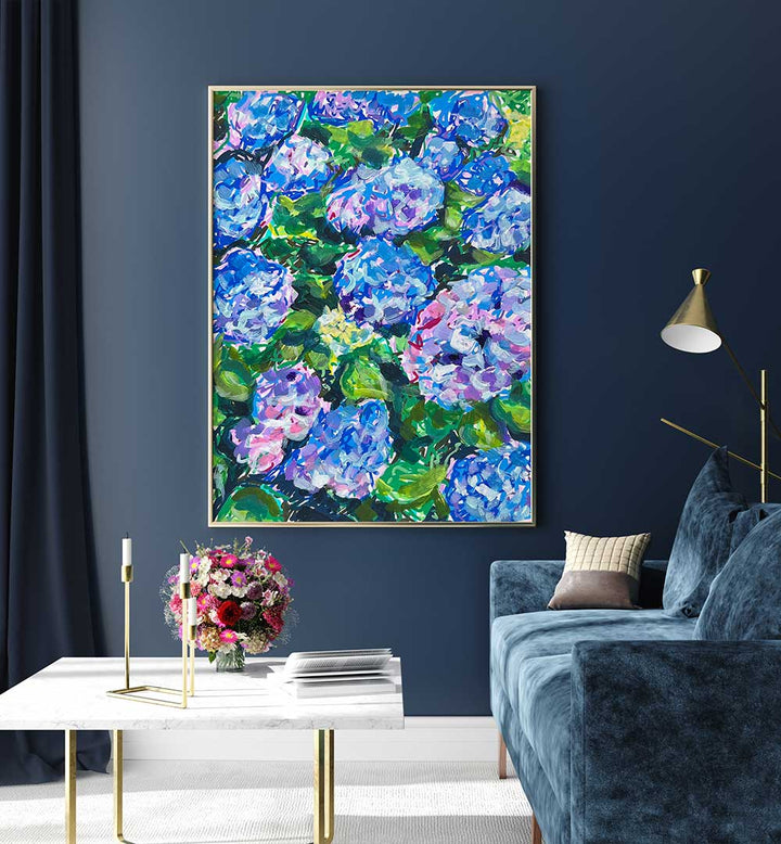 Vibrant canvas of hydrangea clusters in coastal blue tones — HYDRANGEAS , FLORAL FLOWER PAINTINGS for elegant interiors