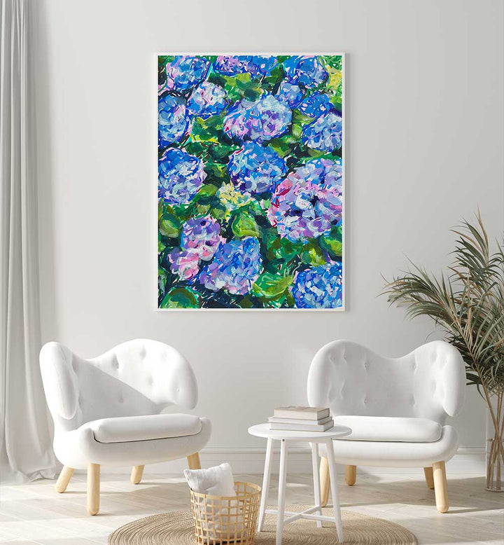 Framed hydrangea painting in living room, blue and purple clusters, HYDRANGEAS , FLORAL FLOWER PAINTINGS