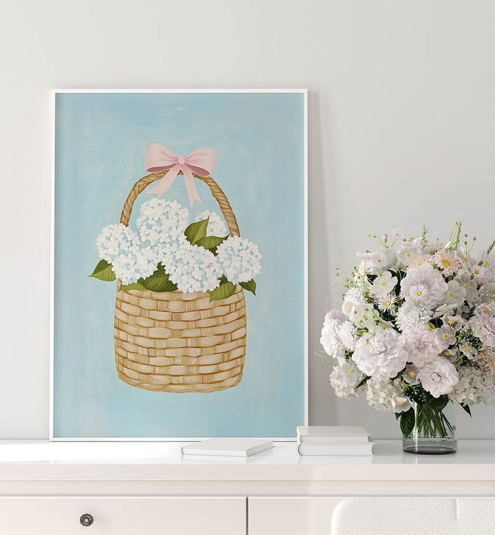 HYDRANGEAS IN BASKET , FLORAL FLOWER PAINTINGS