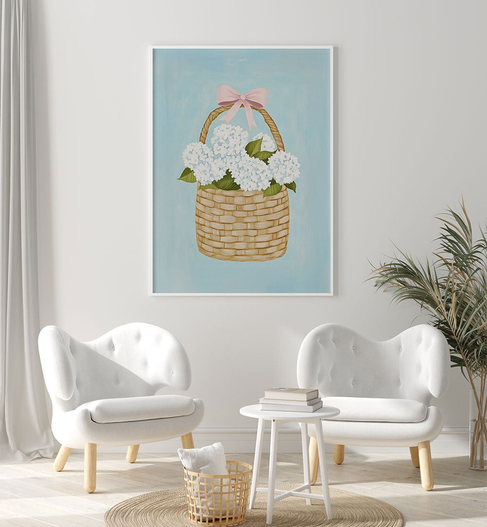 HYDRANGEAS IN BASKET , FLORAL FLOWER PAINTINGS