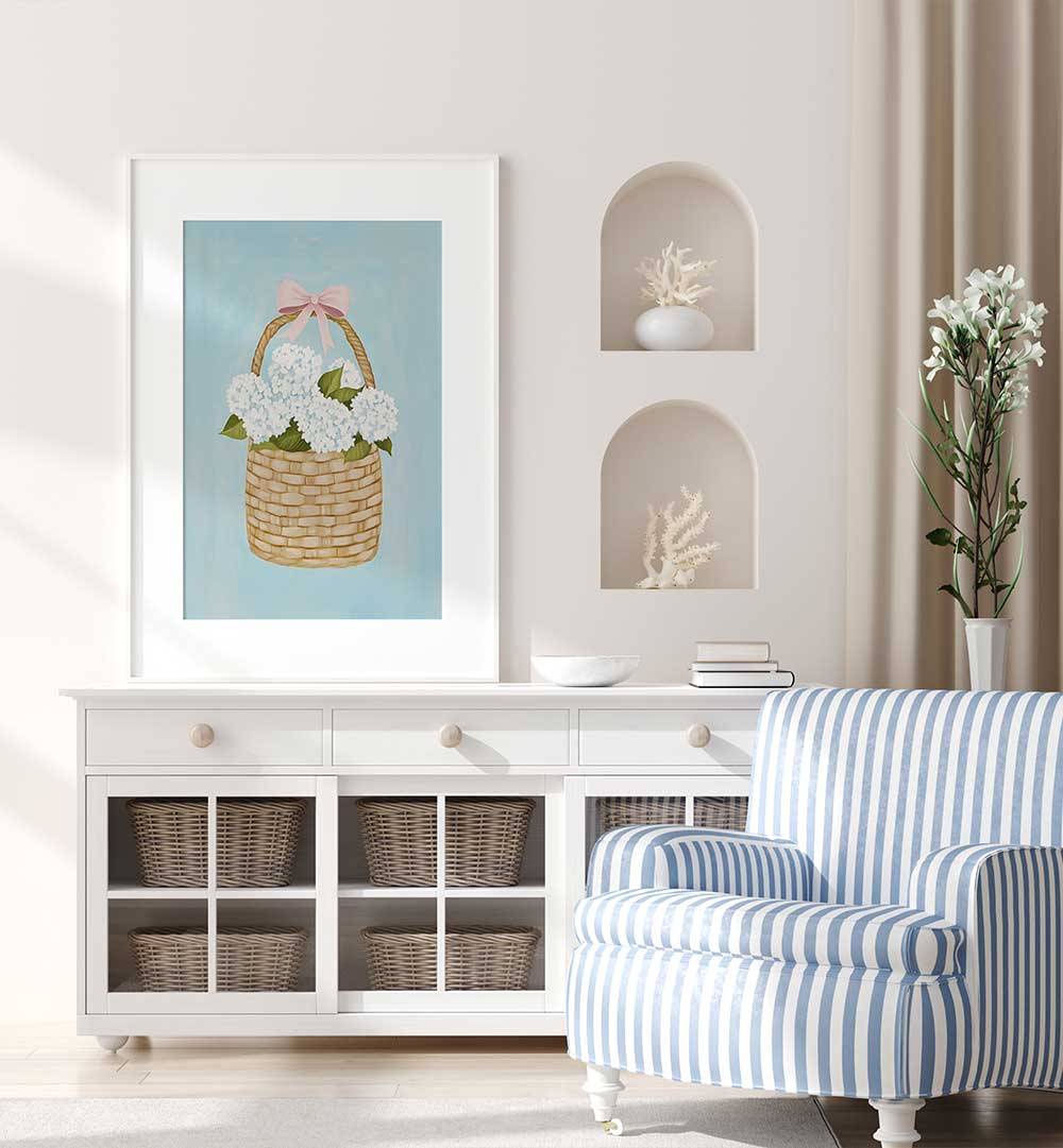 HYDRANGEAS IN BASKET , FLORAL FLOWER PAINTINGS